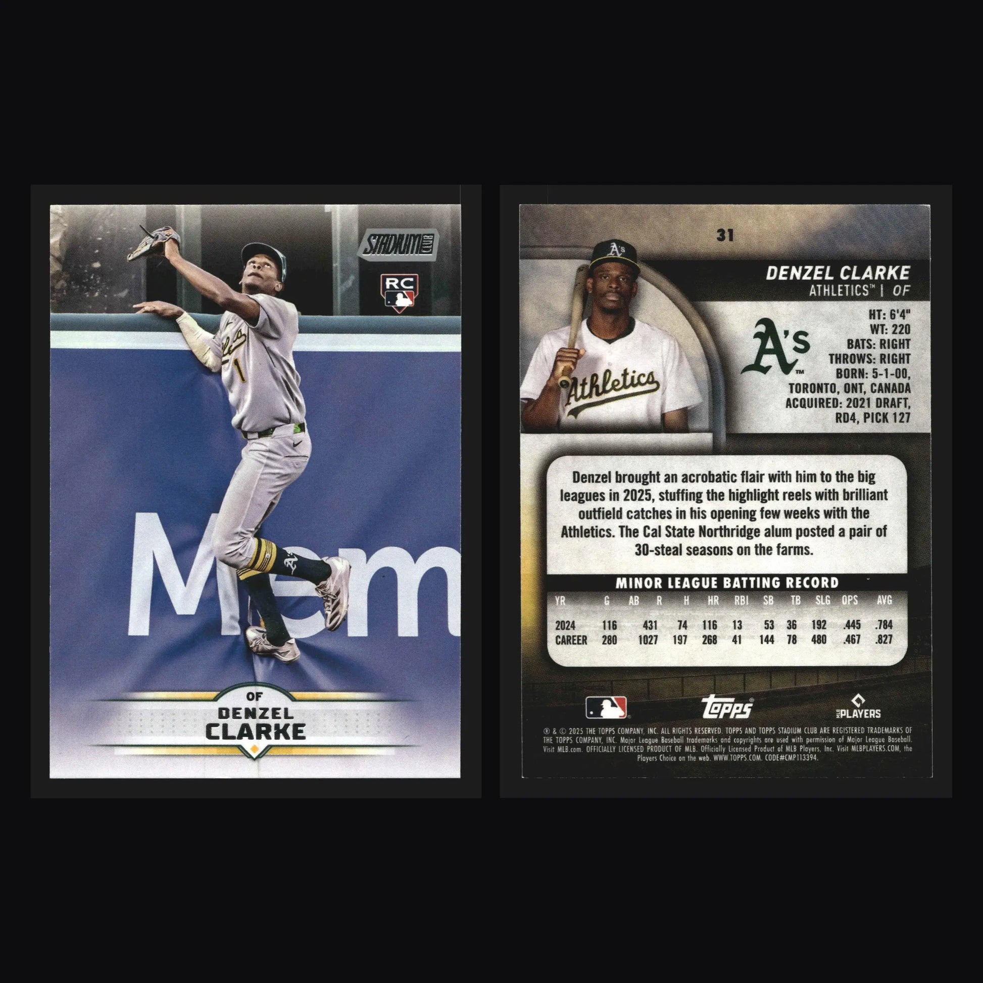 2025 Topps Stadium Club Denzel Clarke #31 RC Athletics - Baseball Card Single