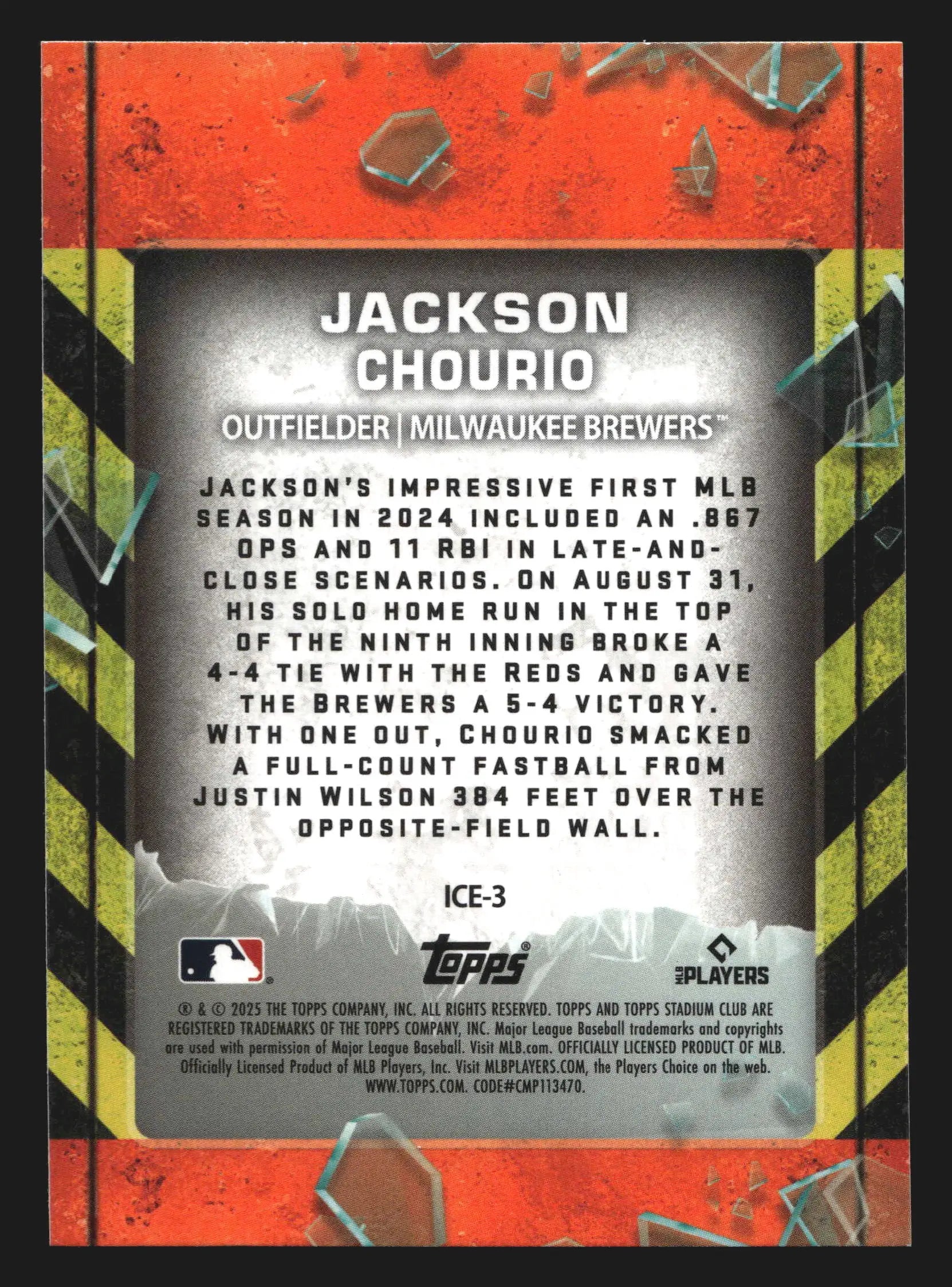 2025 Topps Stadium Club #ICE-3 Jackson Chourio In Case of Emergency Insert MIL - Baseball Card Single