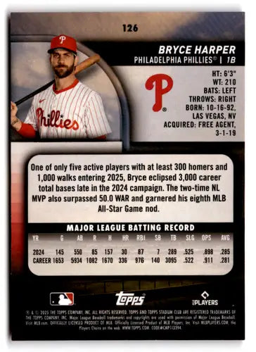 2025 Topps Stadium Club Pink Foil #126 Bryce Harper NM Near Mint Philli ID:82637 - Baseball Card Single