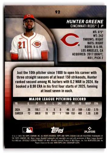 2025 Topps Stadium Club Pink Foil #92 Hunter Greene NM Near Mint Reds ID:82635 - Baseball Card Single