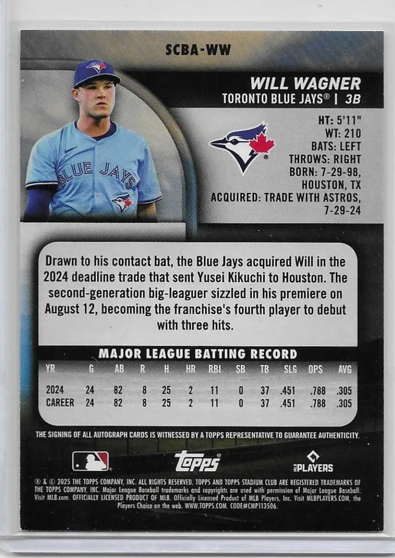 2025 Topps Stadium Club #SCBA-WW Will Wagner Auto Padres Blue Jays RC (c-53)