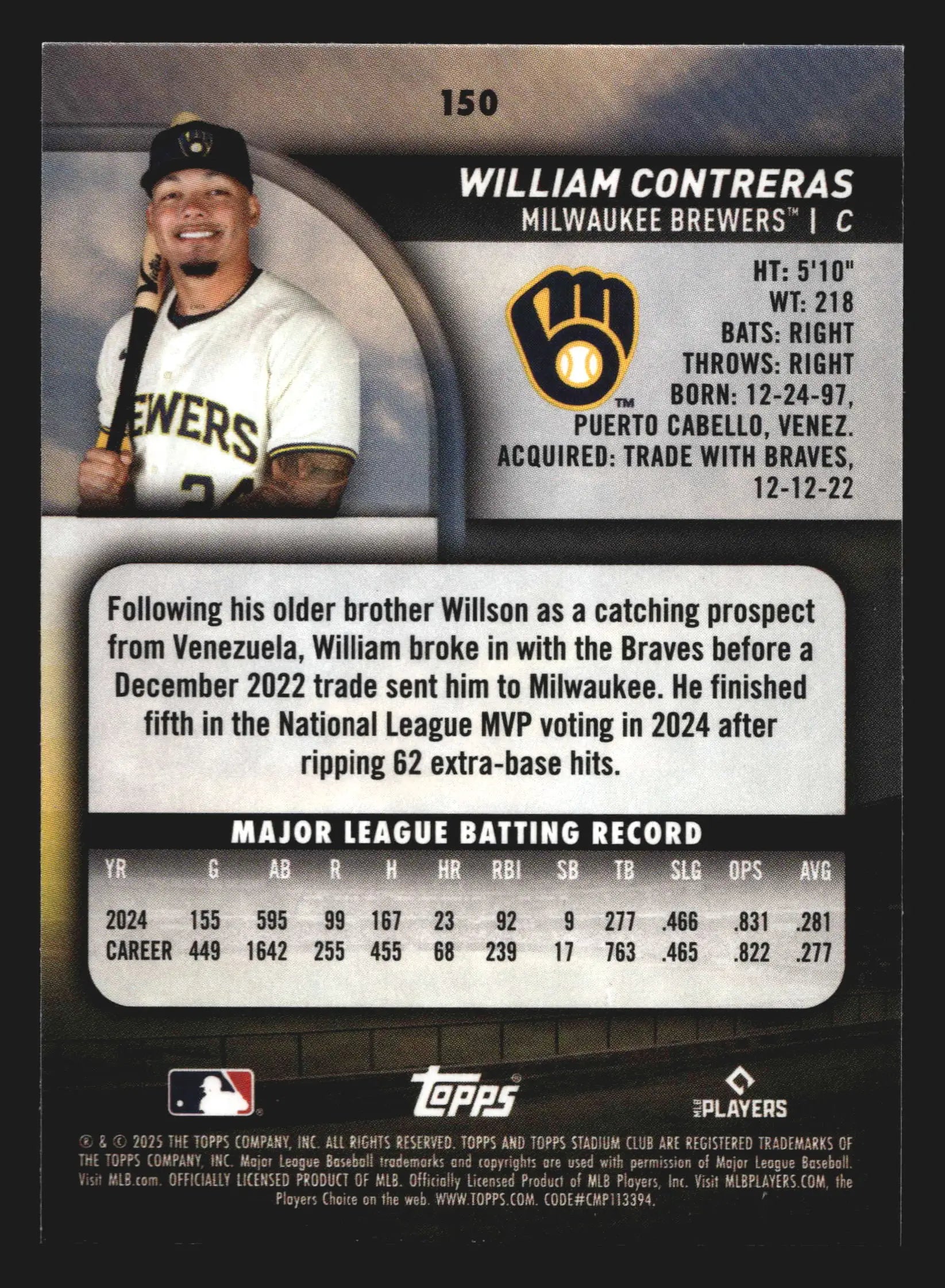 2025 Topps Stadium Club William Contreras #150 Milwaukee Brewers - Baseball Card Single