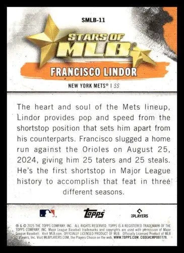 2025 Topps Stars of MLB #SMLB-11 Francisco Lindor NM-MT Mets ID:76882 - Baseball Card Single