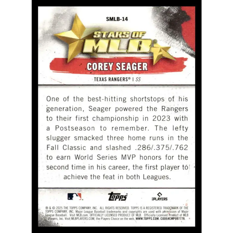 2025 Topps Stars of MLB #SMLB-14 Corey Seager NM-MT Texas Rangers Baseball Card - Baseball Card Single