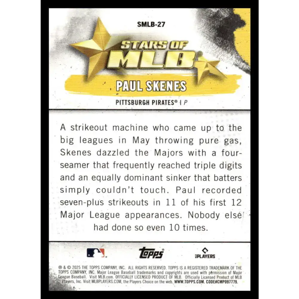 2025 Topps Stars of MLB #SMLB-27 Paul Skenes NM-MT Pittsburgh Pirates Baseball Card