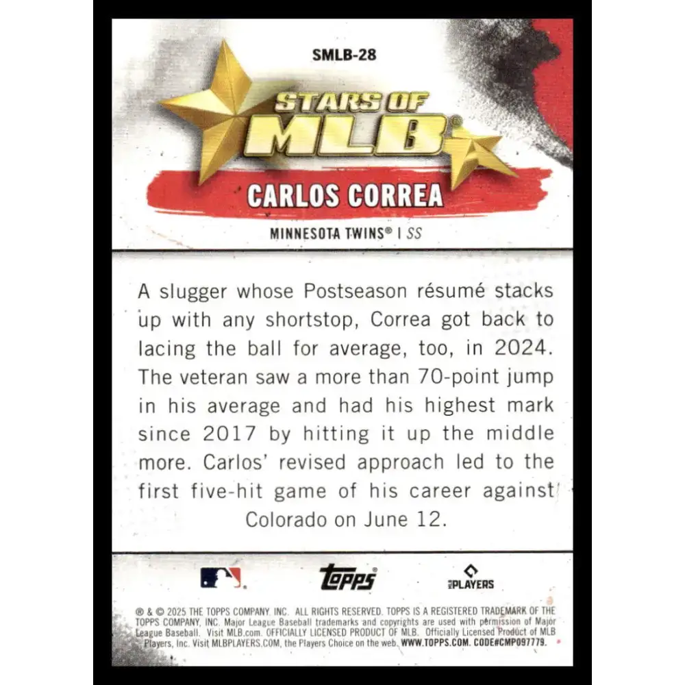 2025 Topps Stars of MLB #SMLB-28 Carlos Correa NM-MT Minnesota Twins Baseball Card - Baseball Card Single