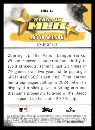 2025 Topps Stars of MLB #SMLB-31 Jacob Wilson NM-MT RC Rookie ID:78027 - Baseball Card Single