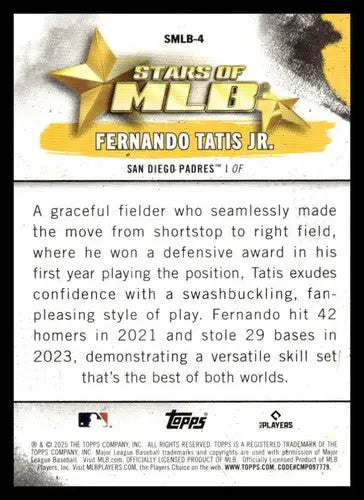 Original gloss baseball trading card featuring Fernando Tatis Jr. from Topps Stars 2025