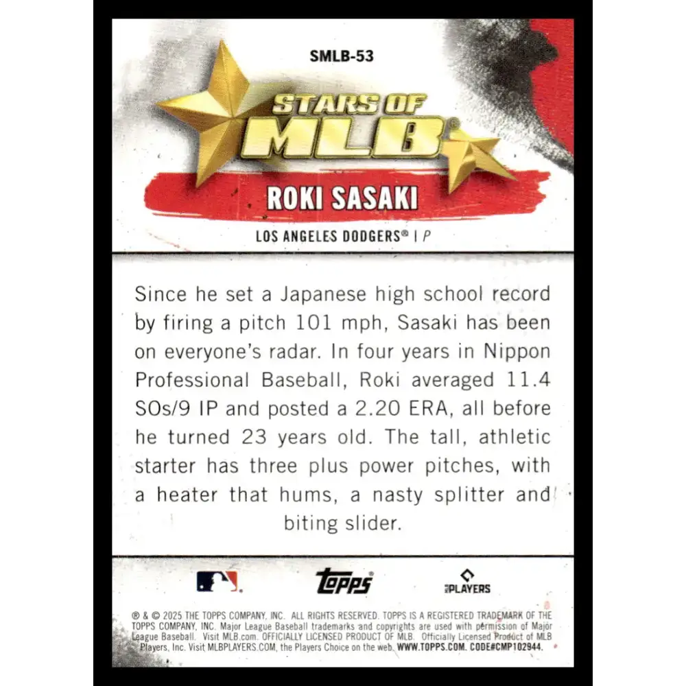 2025 Topps Stars of MLB #SMLB-53 Roki Sasaki NM-MT RC Rookie Los Angeles Dodgers Baseball Card - Baseball Card Single