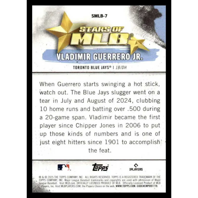 2025 Topps Stars of MLB #SMLB-7 Vladimir Guerrero Jr. NM-MT Toronto Blue Jays Baseball Card - Baseball Card Single