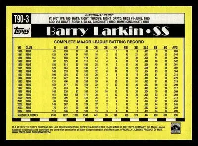 2025 Topps #T90-3 Barry Larkin 1990 Topps Baseball 35th Anniversary - Baseball Card Single