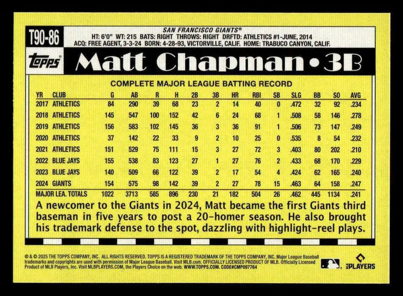 2025 Topps #T90-86 Matt Chapman 1990 Topps Baseball 35th Anniversary - Baseball Card Single