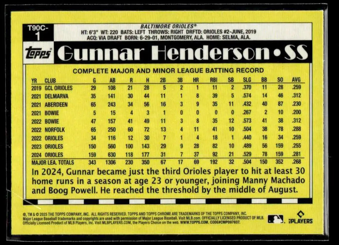 2025 Topps #T90C-1 Gunnar Henderson 1990 Topps Baseball 35th Anniversary Chrome - Baseball Card Single