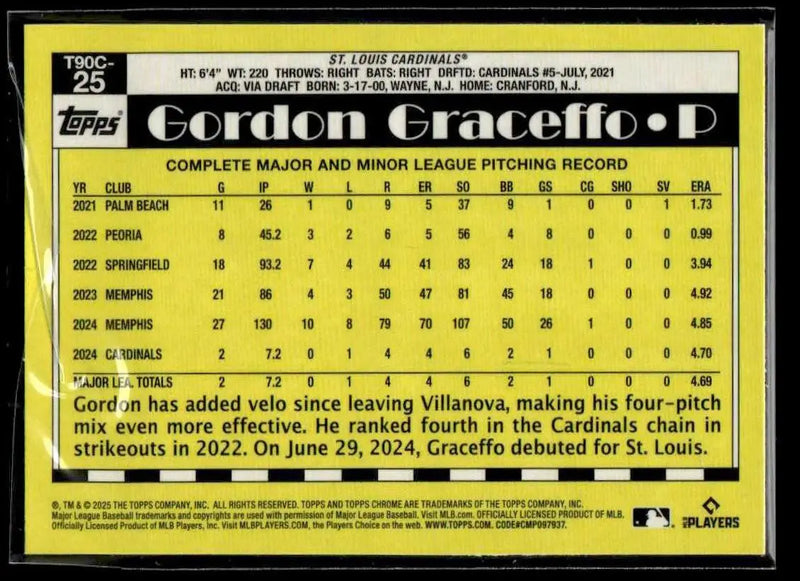 2025 Topps #T90C-25 Gordon Graceffo 1990 Topps Baseball 35th Anniversary Chrome - Baseball Card Single