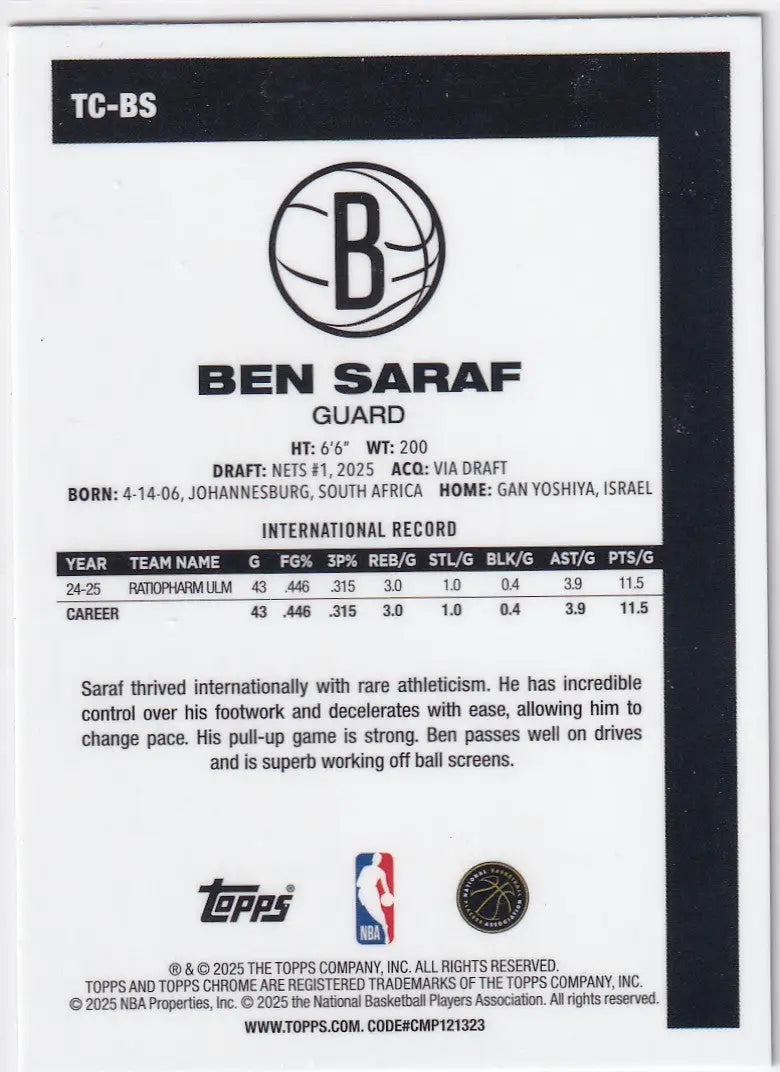 2025 TOPPS #TC-BS BEN SARAF MOJO- BROOKLYN NETS - Basketball Card Single