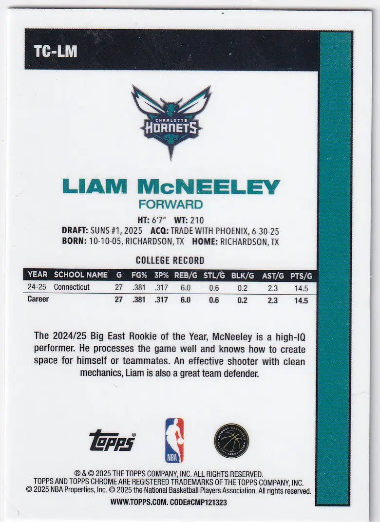 2025 TOPPS #TC-LM LIAM MCNEELEY MOJO- CHARLOTTE HORNETS - Basketball Card Single