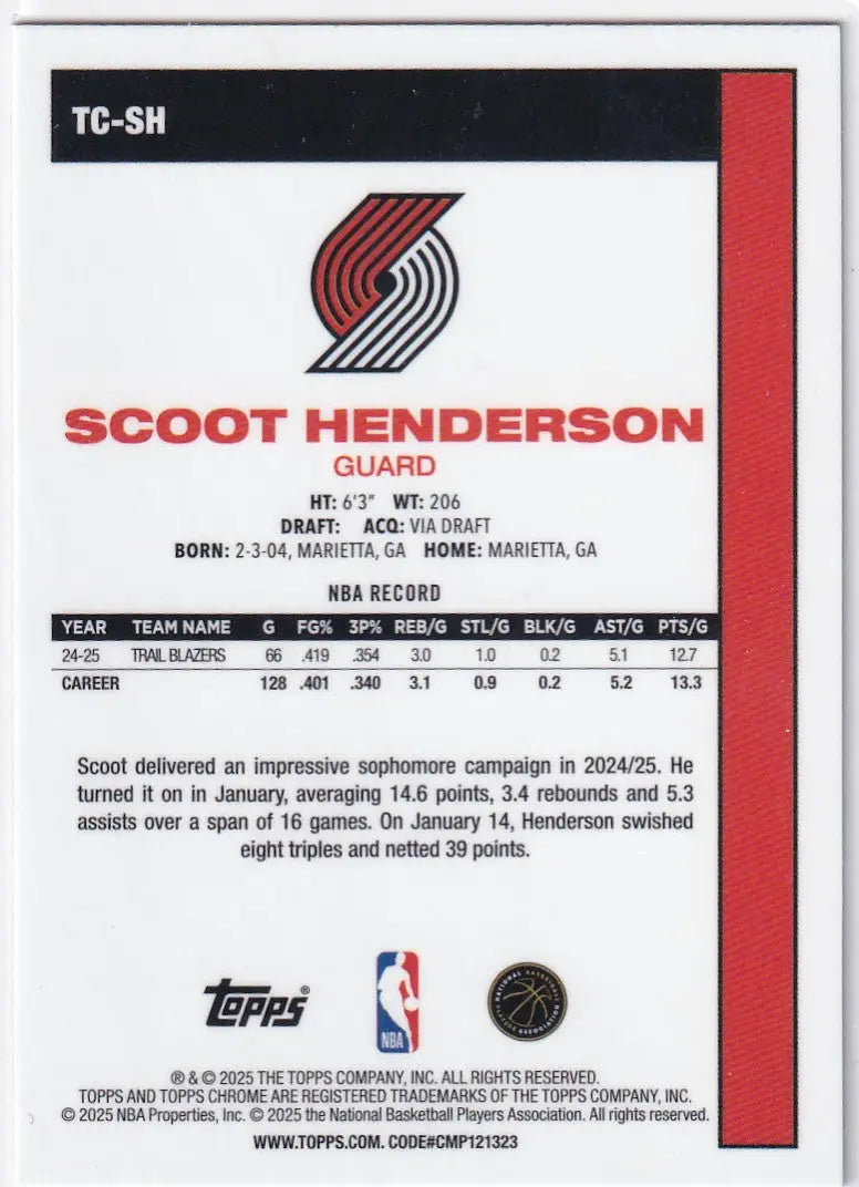 2025 TOPPS #TC-SH SCOOT HENDERSON MOJO- PORTLAND TRAIL BLAZZERS - Basketball Card Single