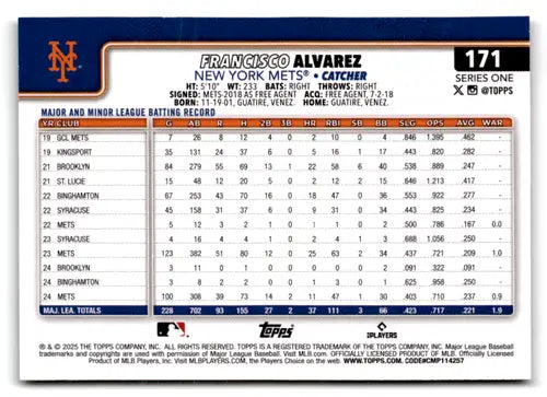 2025 Topps Tin Francisco Alvarez trading card with batting stats and original gloss