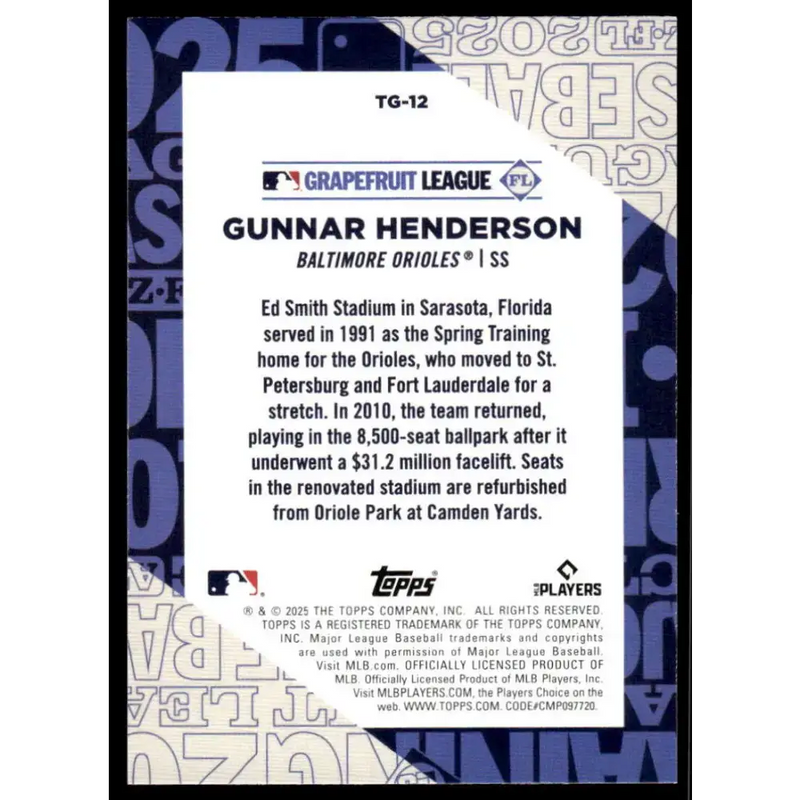2025 Topps Training Grounds #TG-12 Gunnar Henderson NM-MT Baltimore Orioles Baseball Card - Baseball Card Single