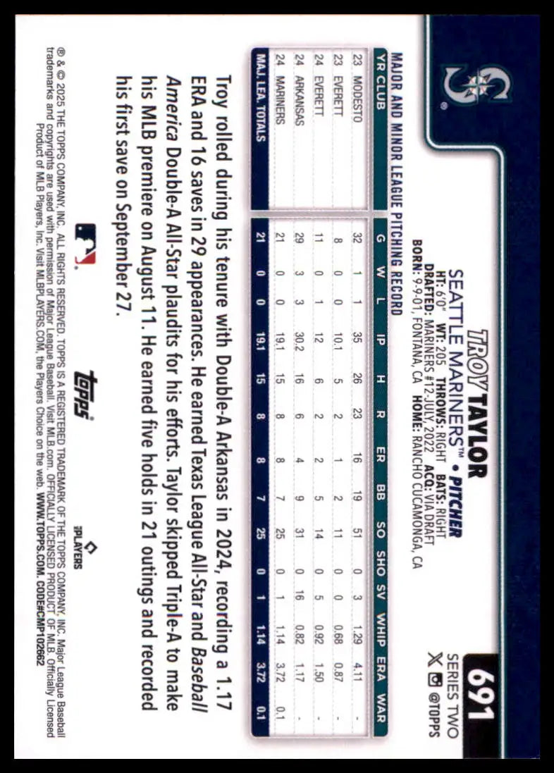 2025 Topps Troy Taylor RC 691 Seattle Mariners NM - Baseball Card Single