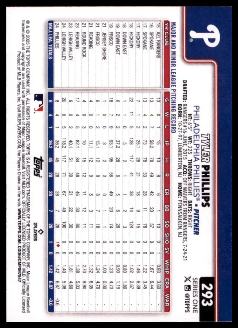 2025 Topps Tyler Phillips RC 293 Philadelphia Phillies NM - Baseball Card Single