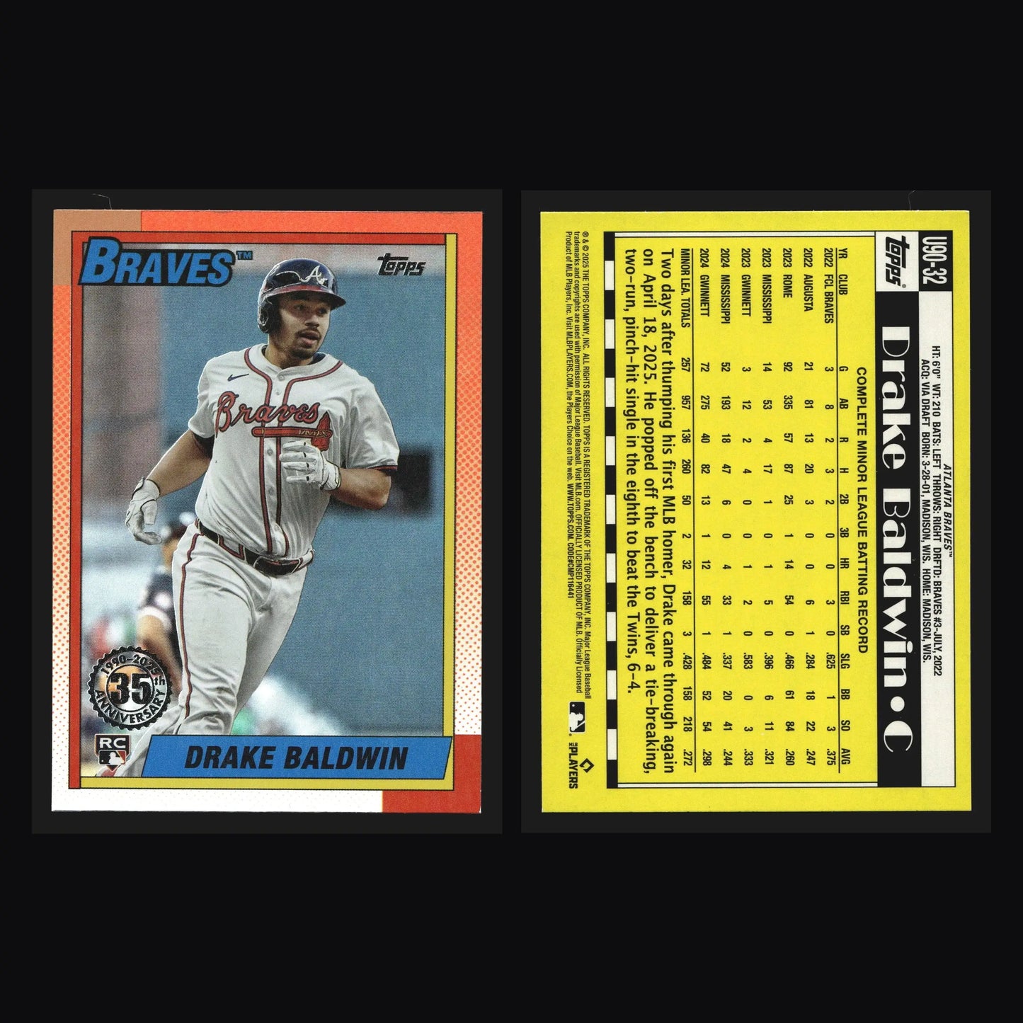 2025 Topps Update 1990 35th Anniversary #U90-32 Drake Baldwin RC