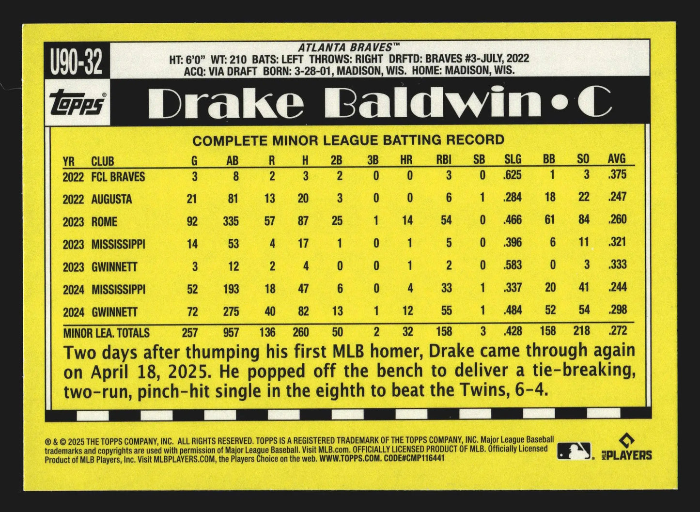 2025 Topps Update 1990 35th Anniversary #U90-32 Drake Baldwin RC