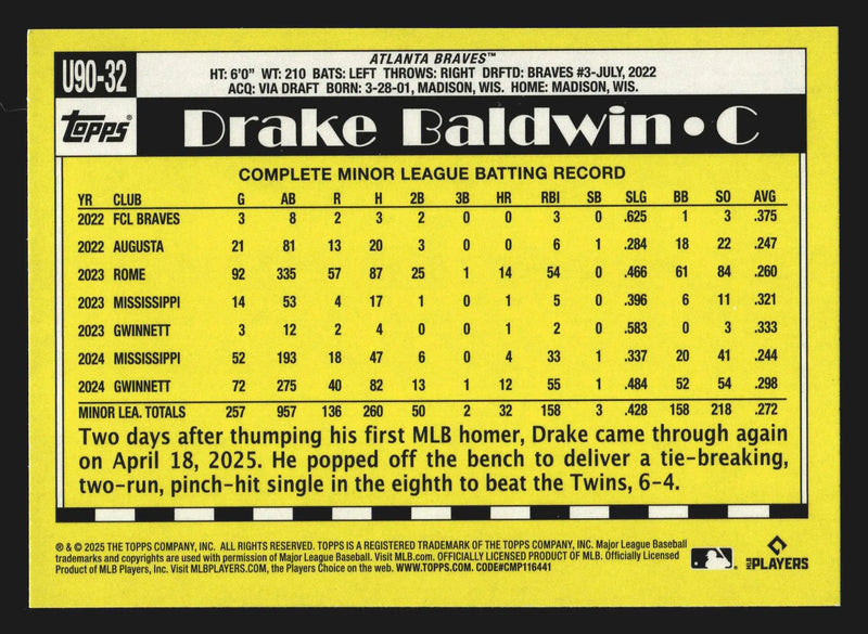 2025 Topps Update 1990 35th Anniversary #U90-32 Drake Baldwin RC