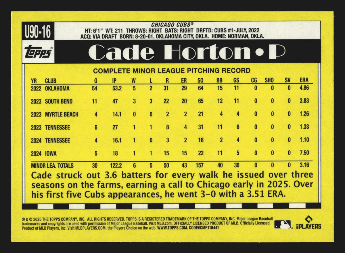 2025 Topps Update 1990 Topps Cade Horton #U90-16 35th Anniversary RC - Baseball Card Single