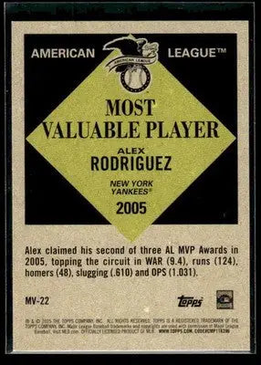 2025 Topps Update Alex Rodriguez #MV-22 Most Valuable New York Yankees