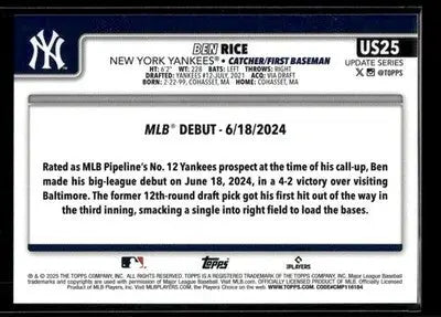 2025 Topps Update Ben Rice #US25 New York Yankees
