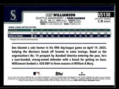 2025 Topps Update Ben Williamson #US130 RC Seattle Mariners