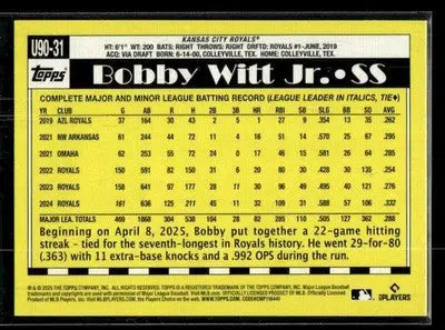 2025 Topps Update Bobby Witt Jr. #U90-31 1990 35th Anniversary Royals