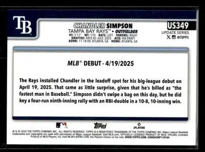2025 Topps Update Chandler Simpson #US349 Tampa Bay Rays