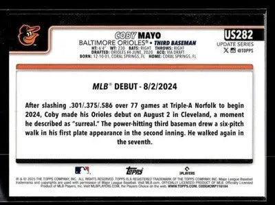 2025 Topps Update Coby Mayo #US282 Baltimore Orioles
