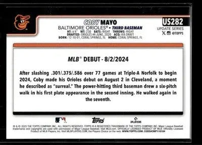 2025 Topps Update Coby Mayo #US282 Baltimore Orioles