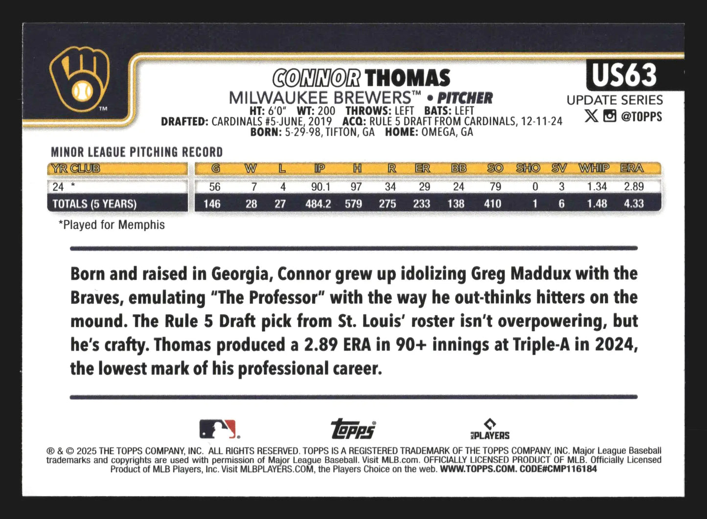 2025 Topps Update Connor Thomas #US63 Topps Logo Foil RC - Baseball Card Single