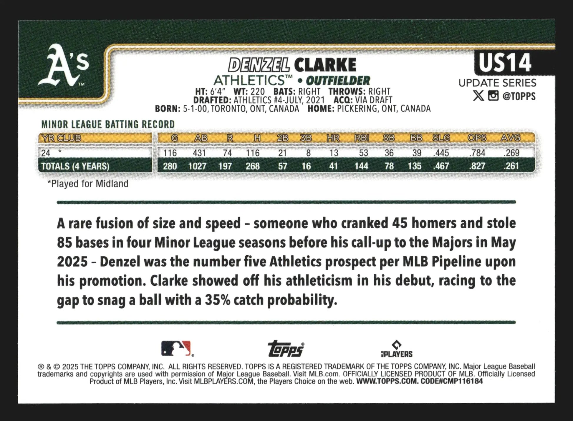 2025 Topps Update Denzel Clarke #US14 RC Athletics - Baseball Card Single