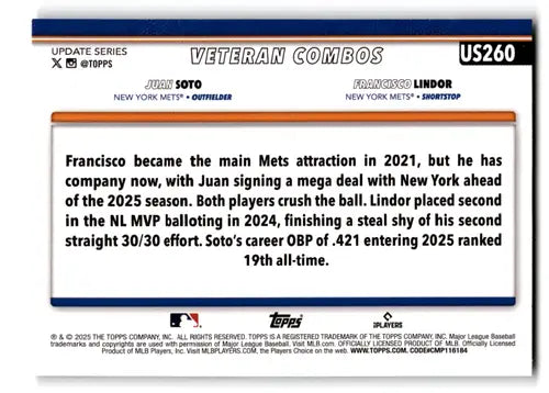 2025 Topps Update Diamante Foil #US260 Francisco Lindor/Juan Soto NM-MT ID:80004 - Baseball Card Single