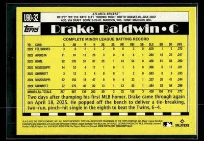 2025 Topps Update Drake Baldwin #U90-32 1990 35th Anniversary Braves