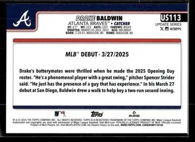 2025 Topps Update Drake Baldwin #US113 Atlanta Braves