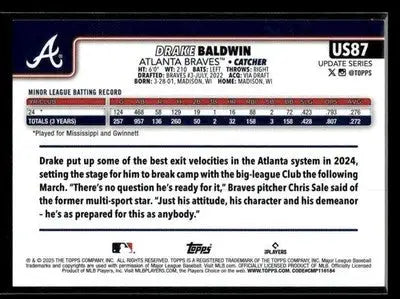 2025 Topps Update Drake Baldwin #US87 RC Atlanta Braves