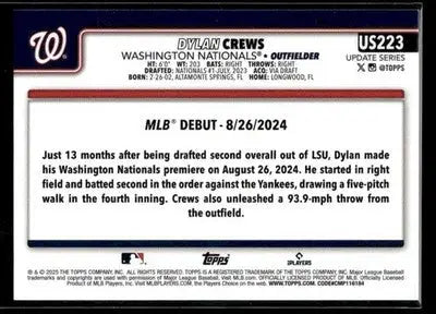 2025 Topps Update Dylan Crews #US223 Washington Nationals