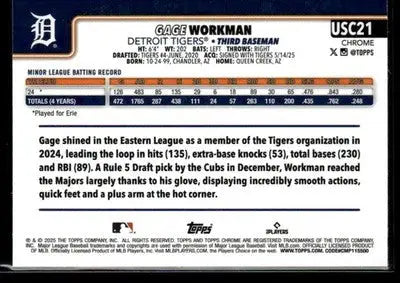 2025 Topps Update Gage Workman #US118 RC Detroit Tigers