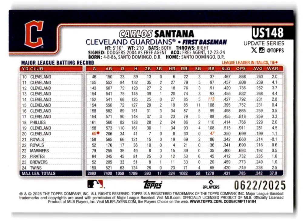 2025 Topps Update Gold Border #US148 Carlos Santana NM-MT 0622/2025 Gua ID:80390 - Baseball Card Single