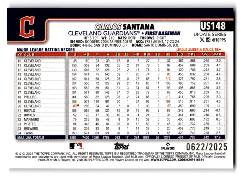 2025 Topps Update Gold Border #US148 Carlos Santana NM-MT 0622/2025 Gua ID:80390 - Baseball Card Single