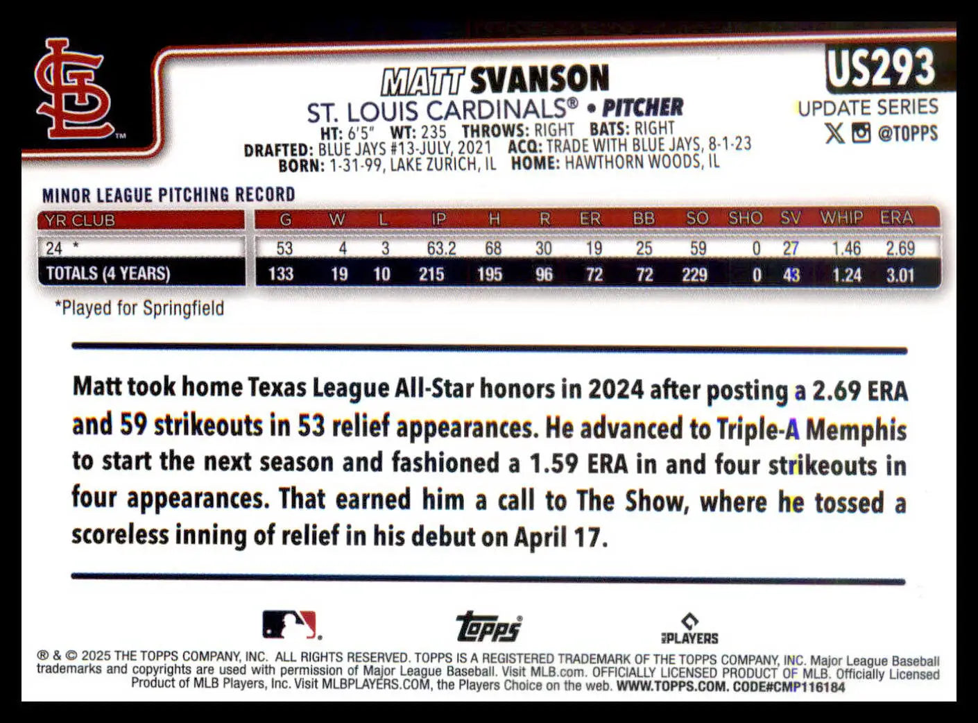 2025 Topps Update Holiday #US293 Matt Svanson RC RC - Baseball Card Single