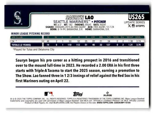 2025 Topps Update Holo Foil #US265 Sauryn Lao NM-MT RC Rookie Mariners ID:80002 - Baseball Card Single