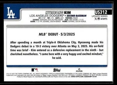 2025 Topps Update Hyeseong Kim #US312 Los Angeles Dodgers