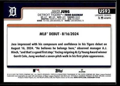 2025 Topps Update Jace Jung #US93 Detroit Tigers